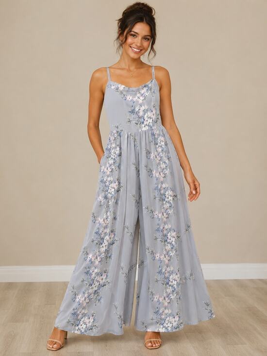 Hello Molly Pants - Hello Molly Wide Leg Jumpsuit Sun Dress Aldridge Sz M Dusty Blue Foral Fairycore